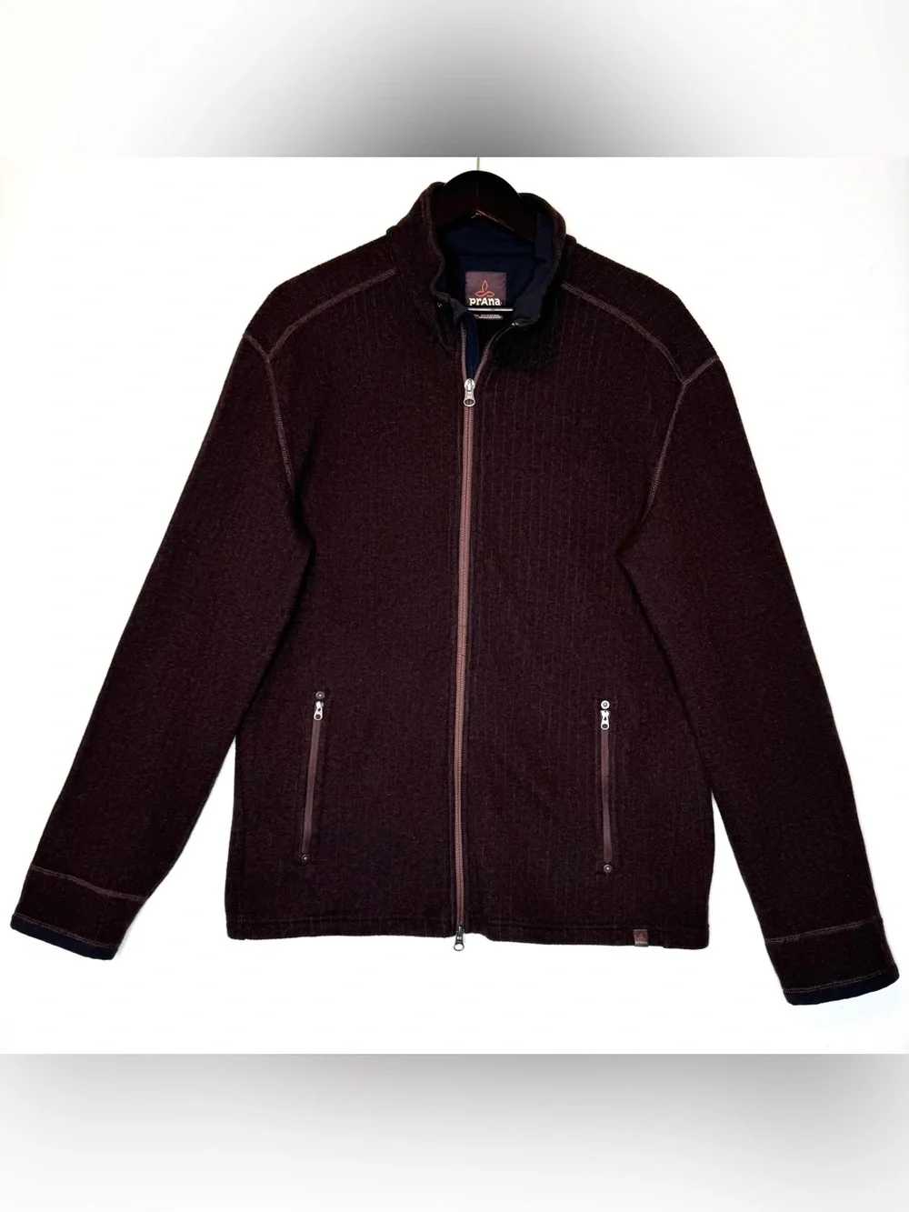 Prana Men's Full Zip Sweater Jacket size XL brown textured wool blend, pockets